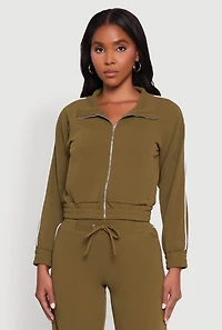 Crepe Knit Zip Front Jacket with Contrast Piping