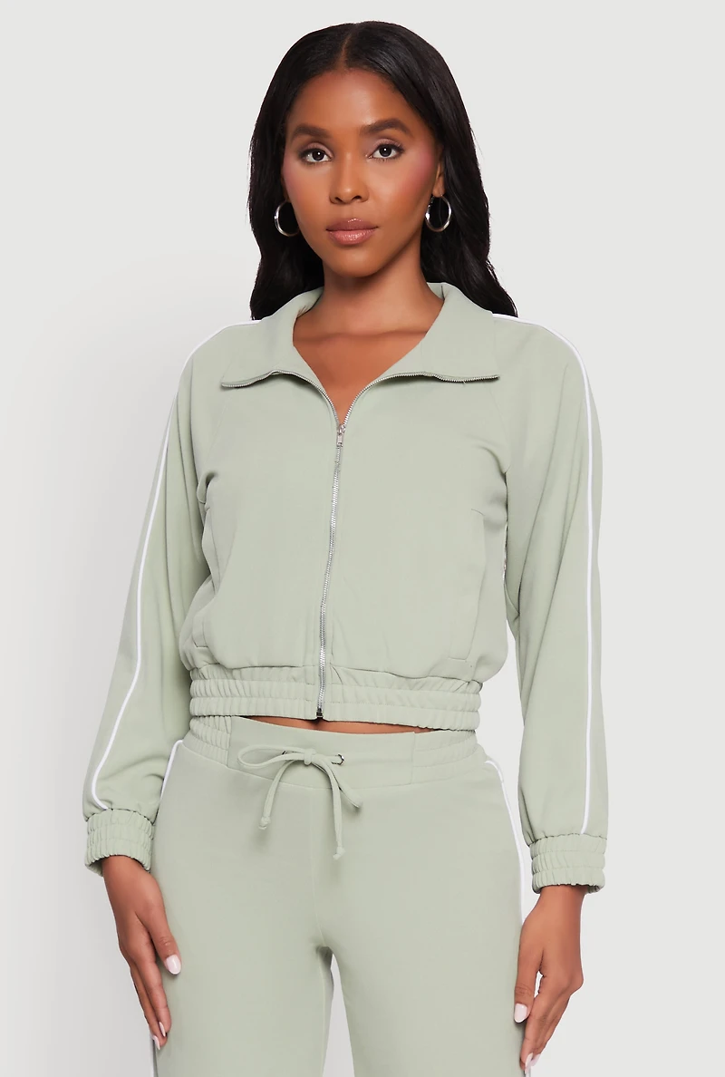 Crepe Knit Zip Front Jacket with Contrast Piping