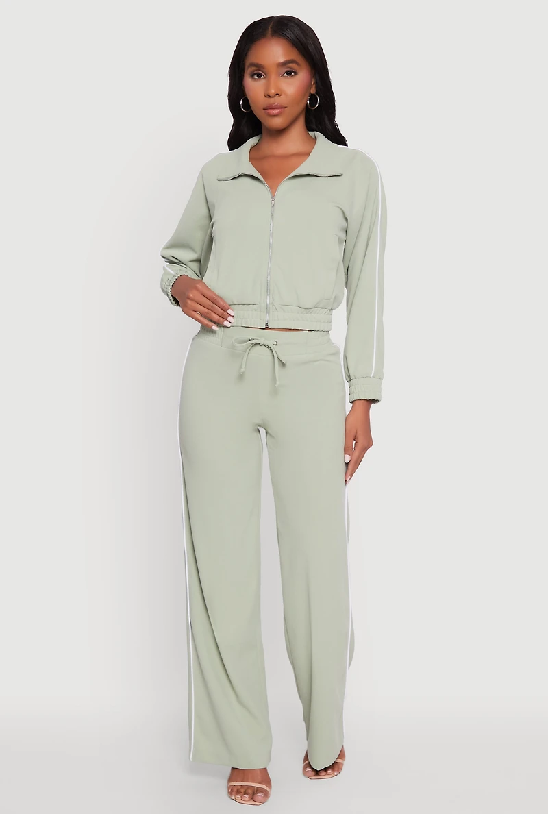 Womens Crepe Knit Zip Front Jacket with Contrast Piping, Green,