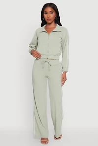 Womens Crepe Knit Zip Front Jacket with Contrast Piping, Green,
