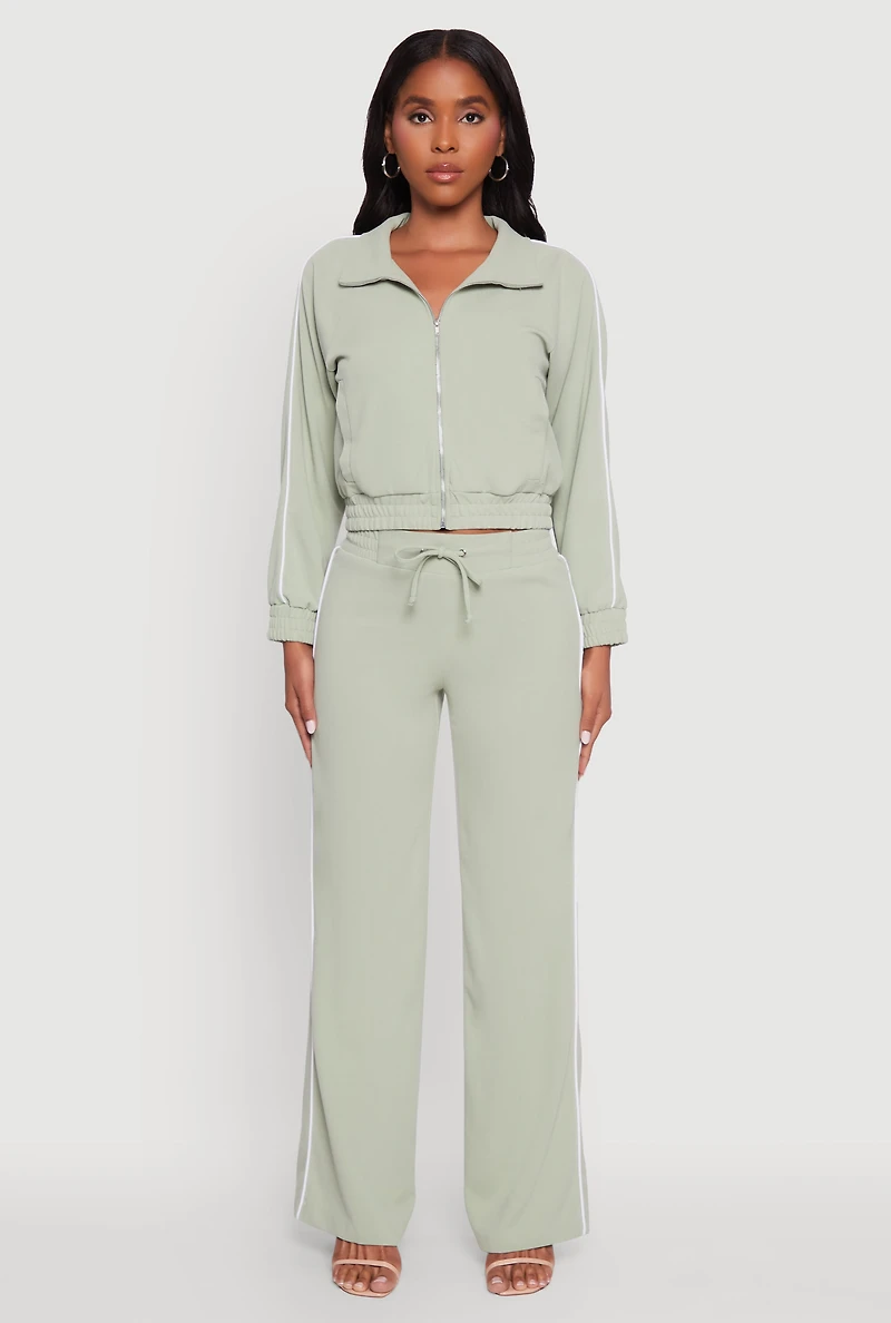 Womens Crepe Knit Zip Front Jacket with Contrast Piping, Green,