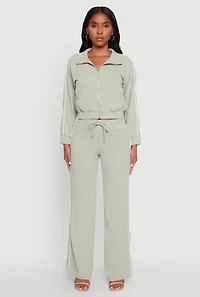 Womens Crepe Knit Zip Front Jacket with Contrast Piping, Green,