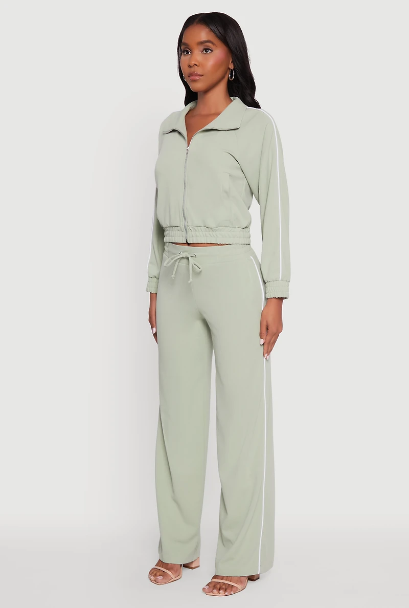 Womens Crepe Knit Zip Front Jacket with Contrast Piping, Green,