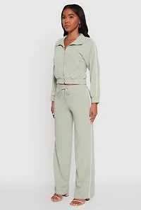 Womens Crepe Knit Zip Front Jacket with Contrast Piping, Green,