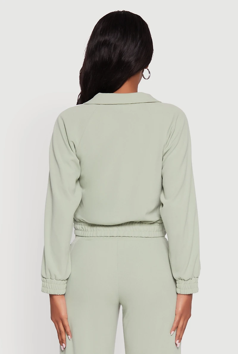 Womens Crepe Knit Zip Front Jacket with Contrast Piping, Green,