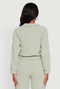 Womens Crepe Knit Zip Front Jacket with Contrast Piping, Green,