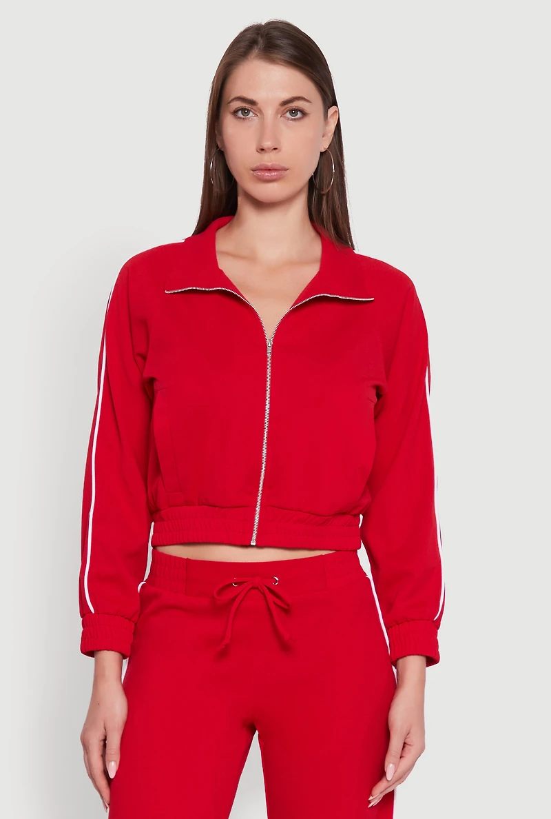 Crepe Knit Zip Front Jacket with Contrast Piping