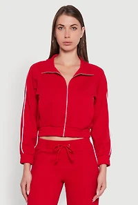 Crepe Knit Zip Front Jacket with Contrast Piping