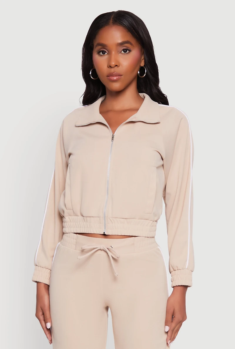 Crepe Knit Zip Front Jacket with Contrast Piping