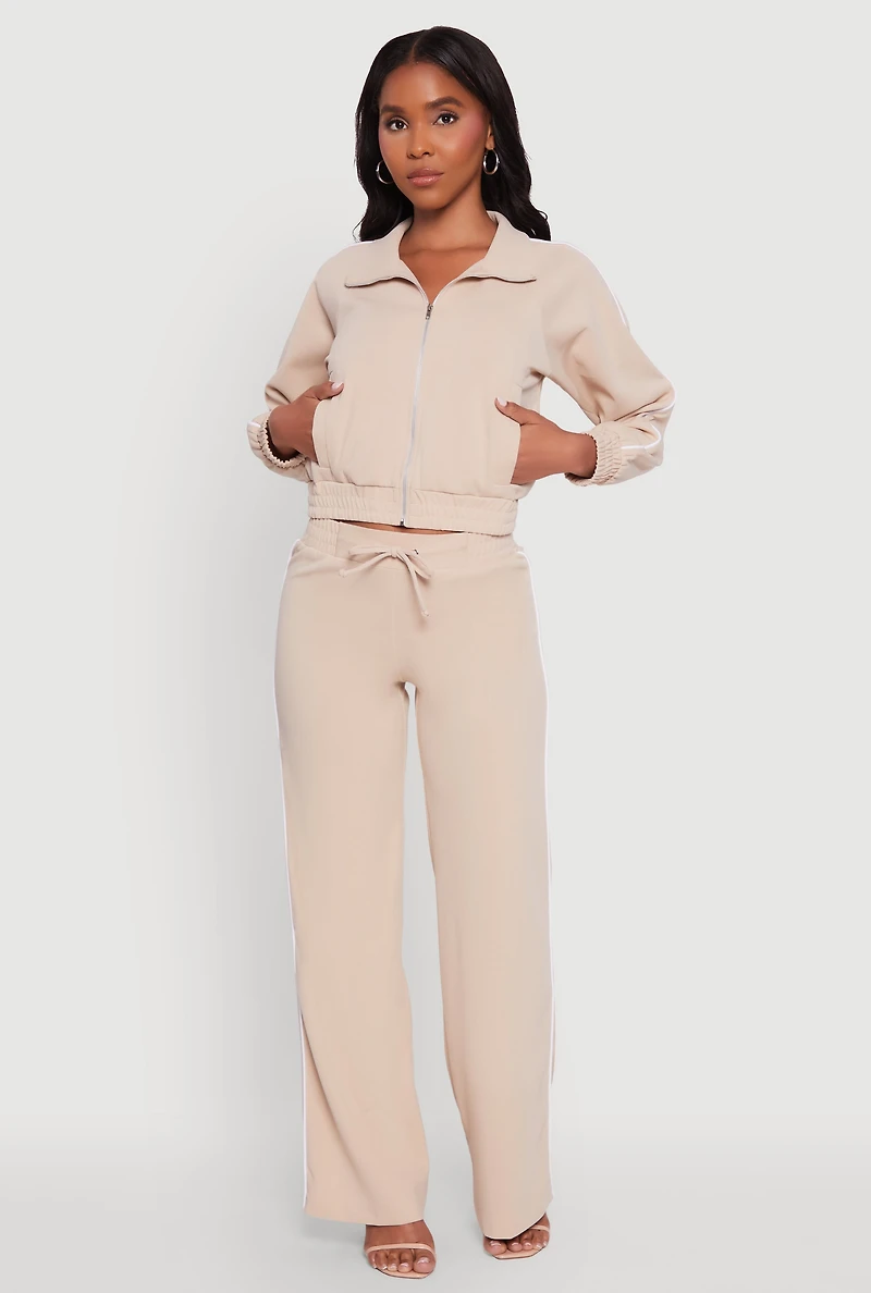 Womens Crepe Knit Zip Front Jacket with Contrast Piping,