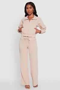 Womens Crepe Knit Zip Front Jacket with Contrast Piping,