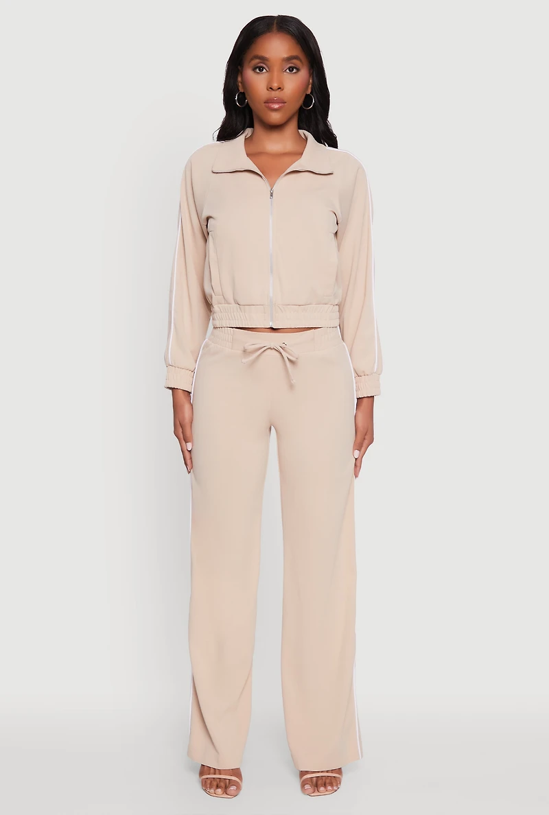 Womens Crepe Knit Zip Front Jacket with Contrast Piping,