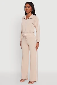 Womens Crepe Knit Zip Front Jacket with Contrast Piping,