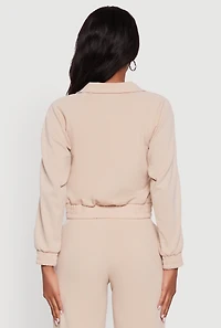 Womens Crepe Knit Zip Front Jacket with Contrast Piping,