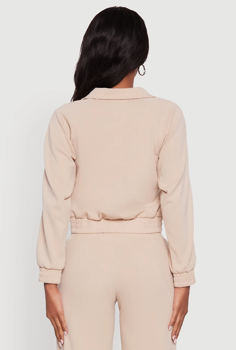 Womens Crepe Knit Zip Front Jacket with Contrast Piping, M