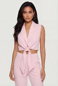 Sleeveless Tie Front Collared Crop Top