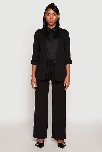 Crepe Knit Belted Front Wide Leg Pants