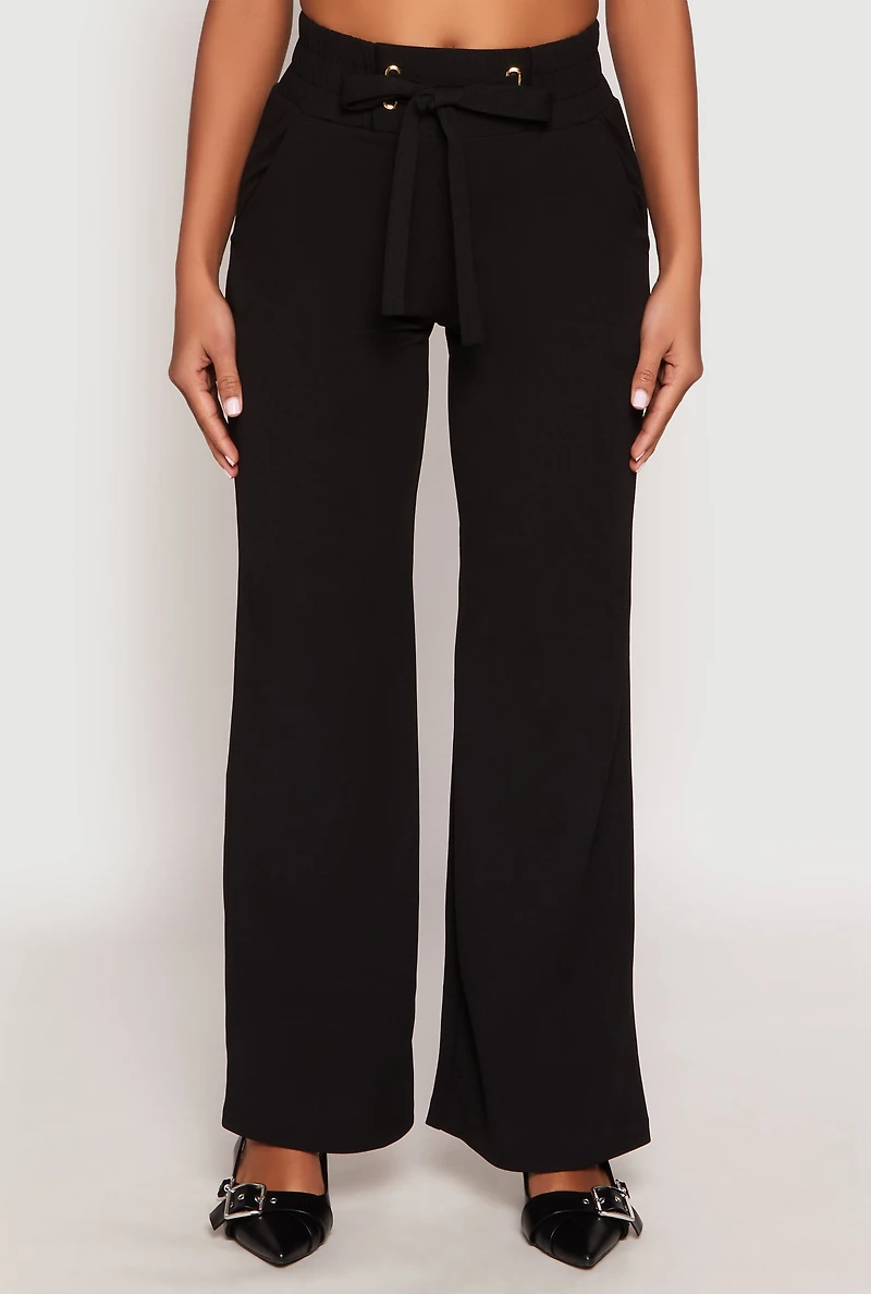 Crepe Knit Belted Front Wide Leg Pants
