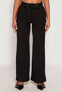 Crepe Knit Belted Front Wide Leg Pants