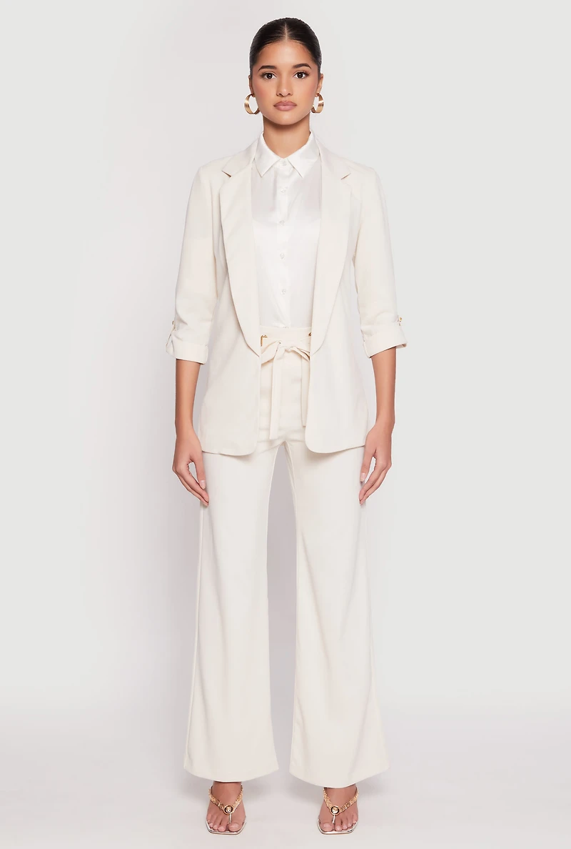 Womens Crepe Knit Belted Front Wide Leg Pants, White, Size M