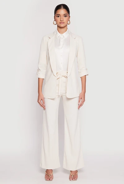 Womens Crepe Knit Belted Front Wide Leg Pants, White, Size M