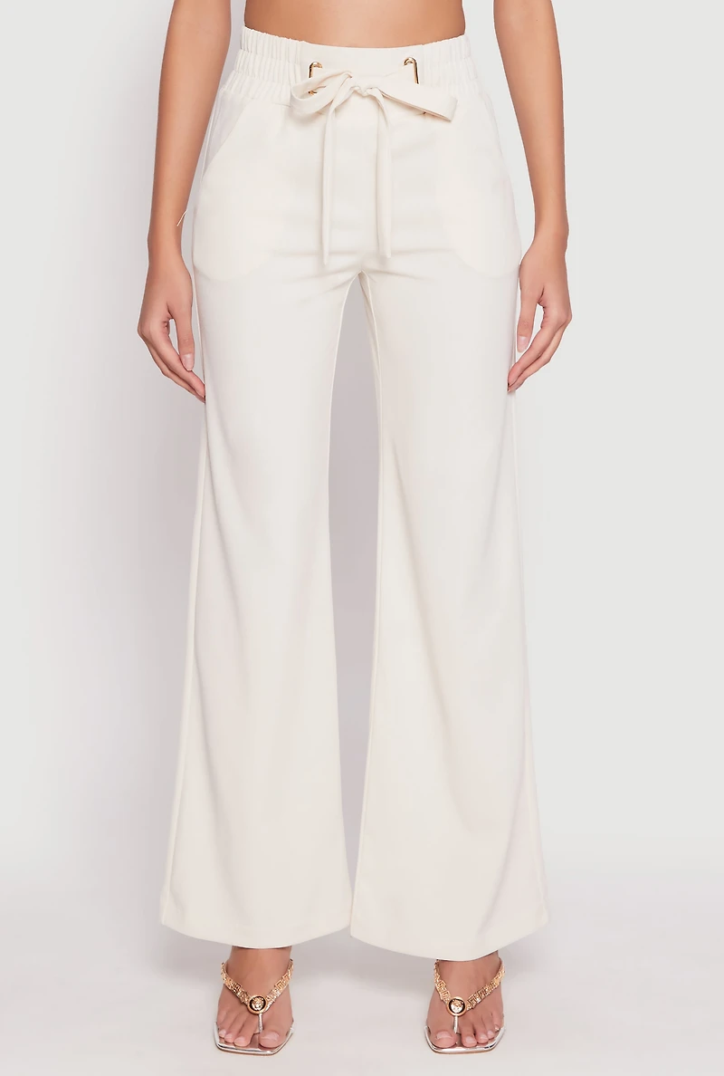 Womens Crepe Knit Belted Front Wide Leg Pants, White, Size M