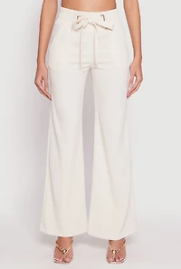 Womens Crepe Knit Belted Front Wide Leg Pants, White, Size M