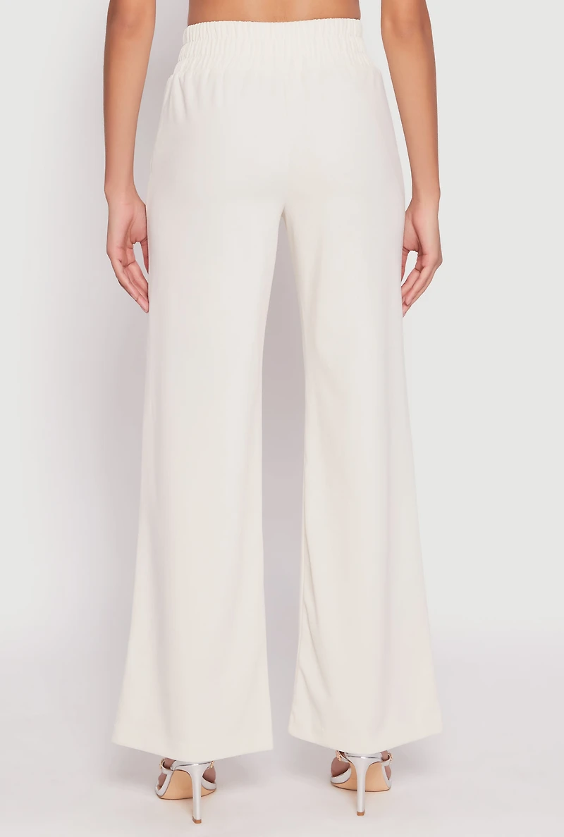 Womens Crepe Knit Belted Front Wide Leg Pants, White, Size M