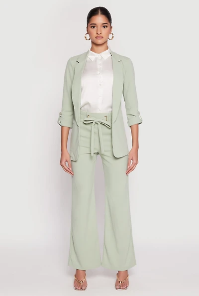 Womens Crepe Knit Belted Front Wide Leg Pants, Green, Size L