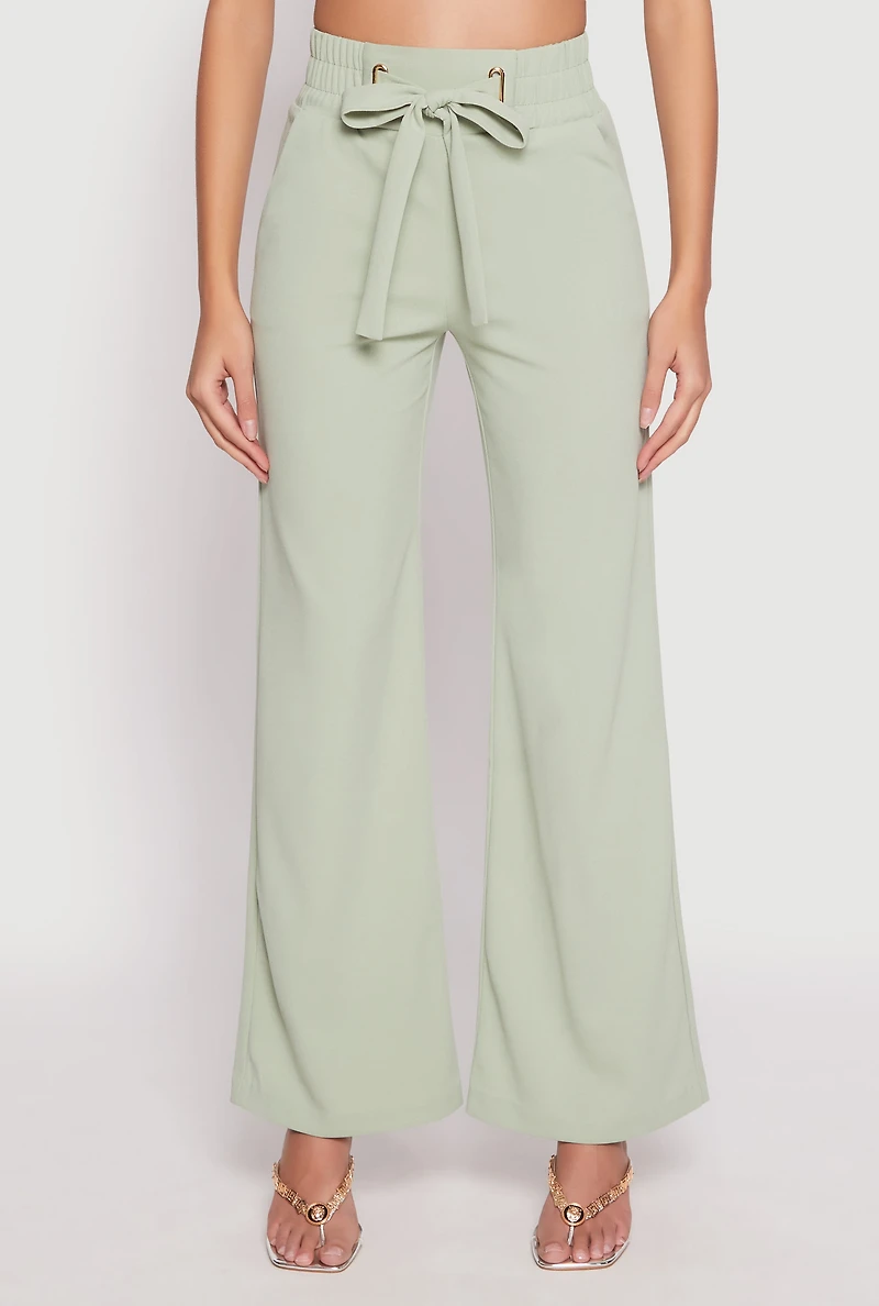 Womens Crepe Knit Belted Front Wide Leg Pants,