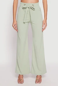 Womens Crepe Knit Belted Front Wide Leg Pants,