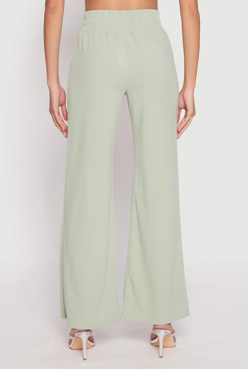 Womens Crepe Knit Belted Front Wide Leg Pants,