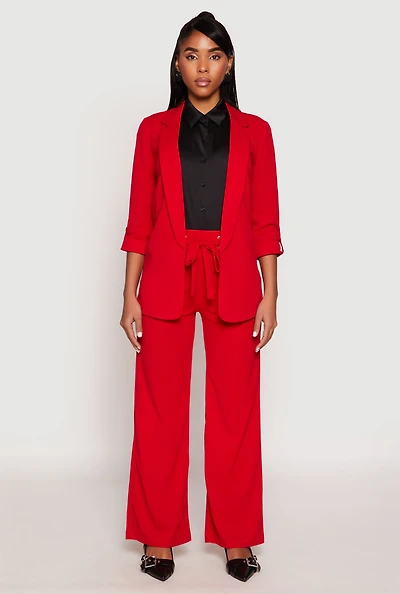 Womens Crepe Knit Belted Front Wide Leg Pants, Red, Size M
