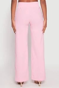 Womens Crepe Knit Belted Front Wide Leg Pants, Pink, Size M