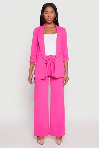 Womens Crepe Knit Belted Front Wide Leg Pants,