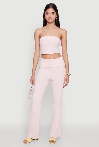 Womens Haute Monde Fold Over Waist Wide Leg Pants, Pink, Size S