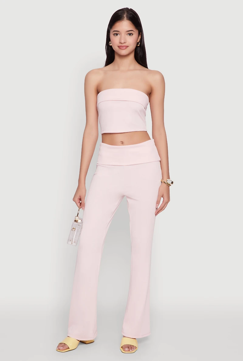 Womens Haute Monde Fold Over Waist Flared Leg Pants, Pink, Size M