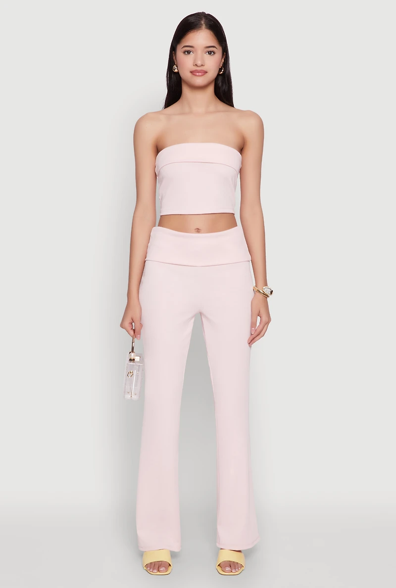 Womens Haute Monde Fold Over Waist Wide Leg Pants, Pink, Size S