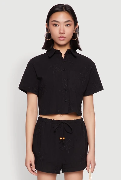 Womens Haute Monde Decorative Stitch Cropped Shirt, Black, Size L