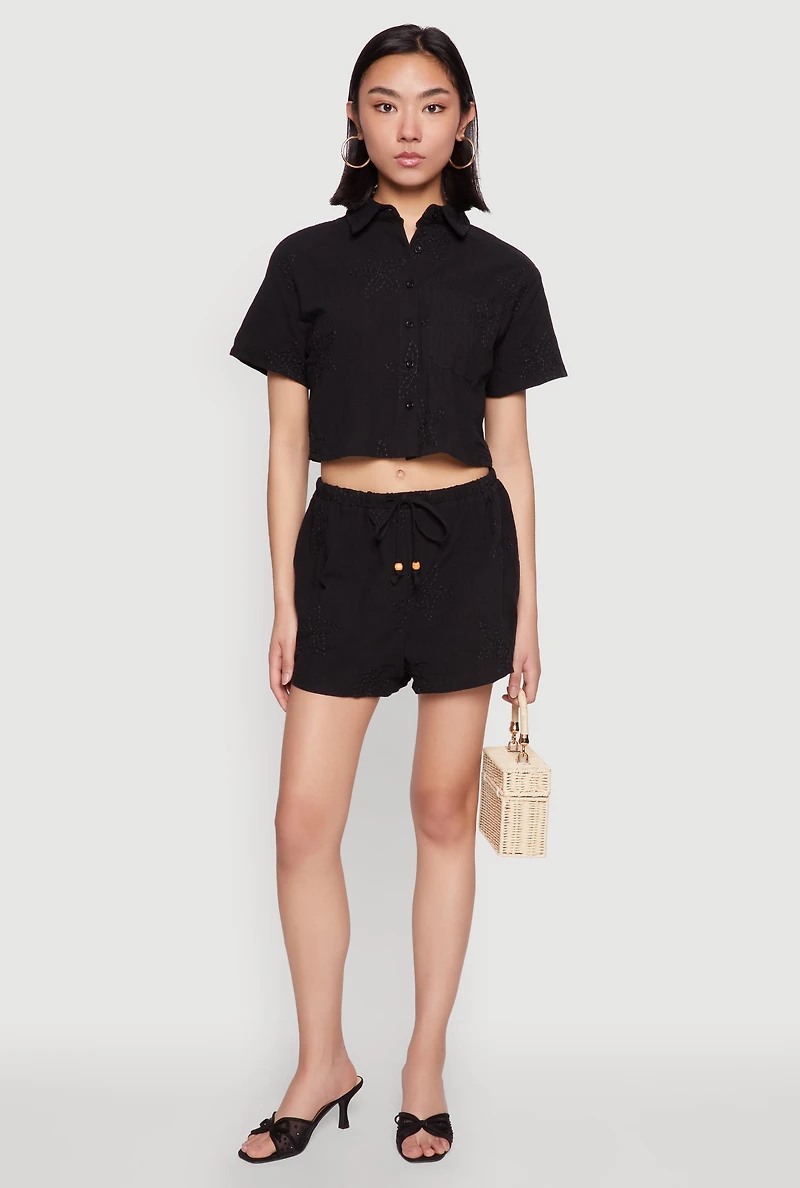 Womens Haute Monde Decorative Stitch Cropped Shirt, Black, Size L