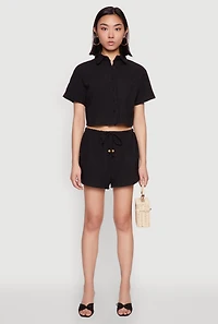 Womens Haute Monde Decorative Stitch Cropped Shirt, Black, Size L