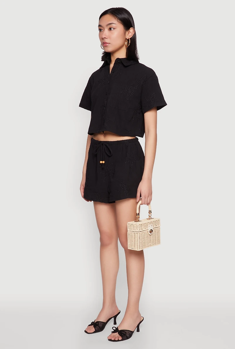 Womens Haute Monde Decorative Stitch Cropped Shirt, Black, Size L