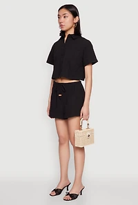 Womens Haute Monde Decorative Stitch Cropped Shirt, Black, Size L