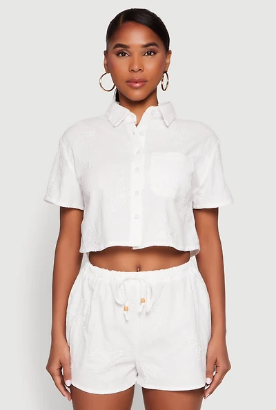 Womens Haute Monde Decorative Stitch Cropped Shirt, White,