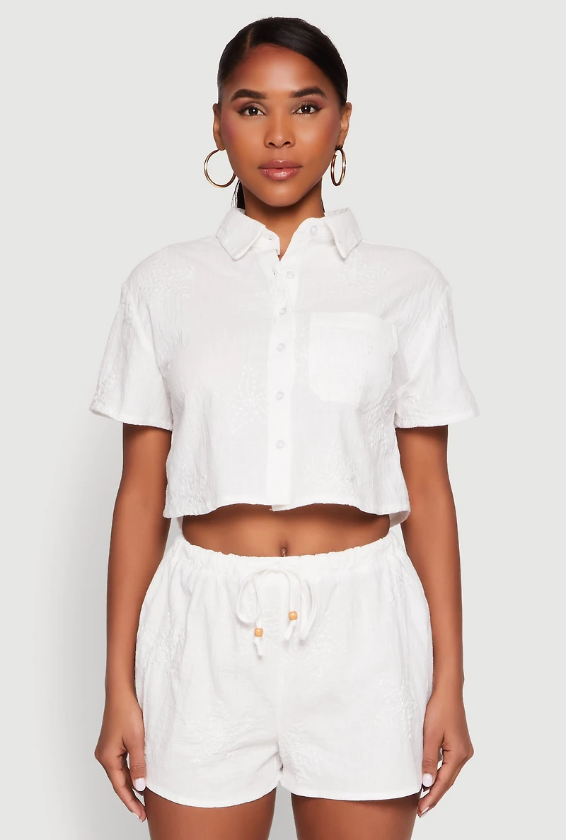 Womens Haute Monde Decorative Stitch Cropped Shirt, White, Size S