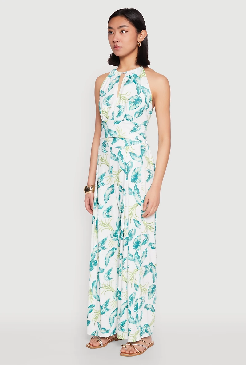 Womens Leaf Print Halter Crop Top, Multi,