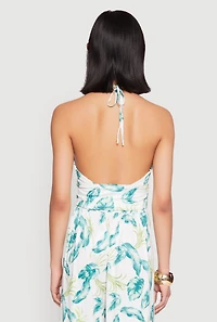 Womens Leaf Print Halter Crop Top, Multi, Size L