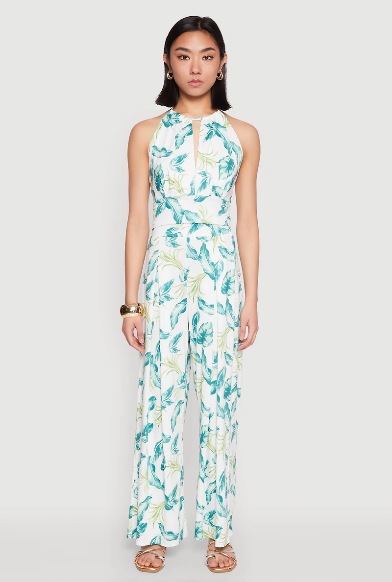 Womens Leaf Print Wide Leg Pants, Multi, Size S