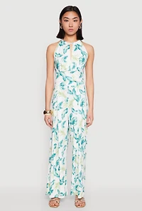 Womens Leaf Print Wide Leg Pants, Multi, Size S