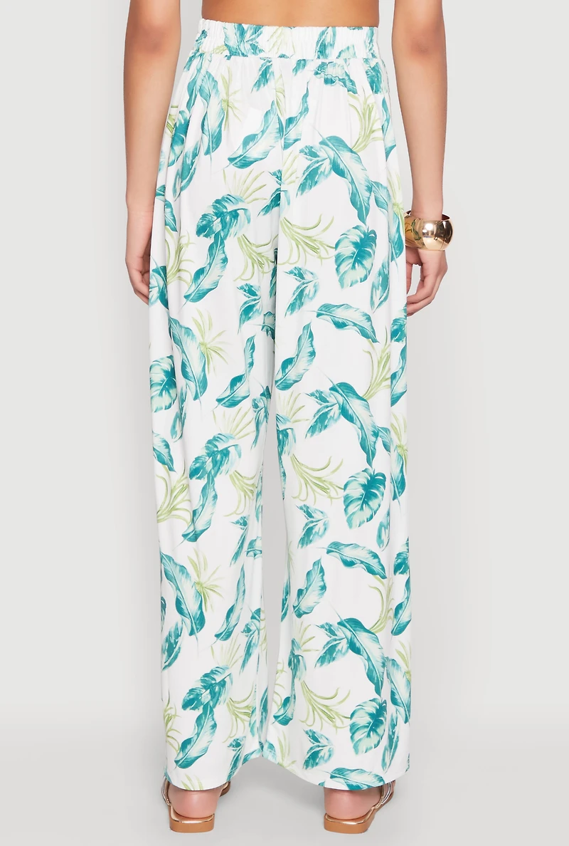 Womens Leaf Print Wide Leg Pants, Multi, Size S